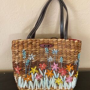 Vintage August Raffia Straw Tote Bag Embroidered Floral Wood Toggle Handbag